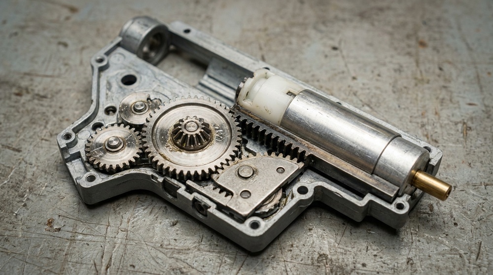 An opened airsoft AEG gearbox shell showing the gear set, piston and cylinder