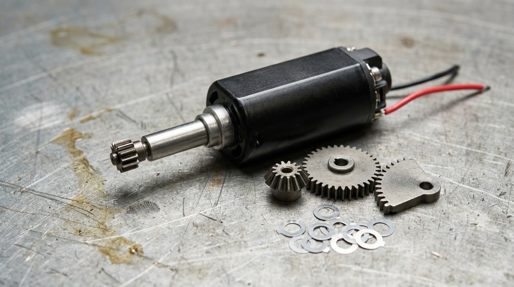 An AEG motor with its pinion gear, next to a gear set and shims