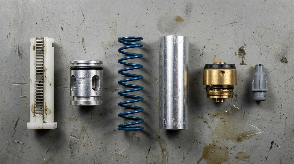 An airsoft AEG piston, cylinder, main spring and cylinder head laid out on a bench