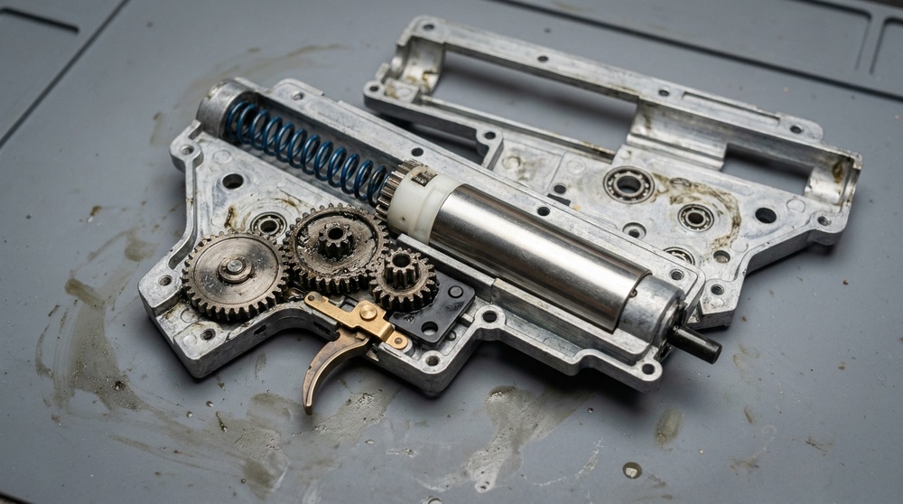 A version 2 airsoft gearbox shell with the gear set, piston and trigger assembly in place