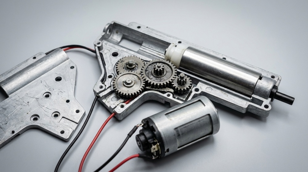 A version 3 airsoft gearbox from an AK-platform AEG with its motor cage attached