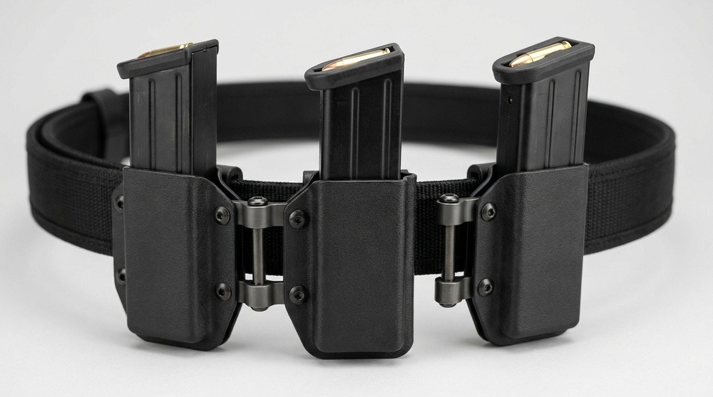 Three Kydex magazine pouches on a competition belt, with the adjustable standoff hardware between pouch and belt clearly visible — the gap that USPSA rule 5.2.5 measures (AI-generated illustration)