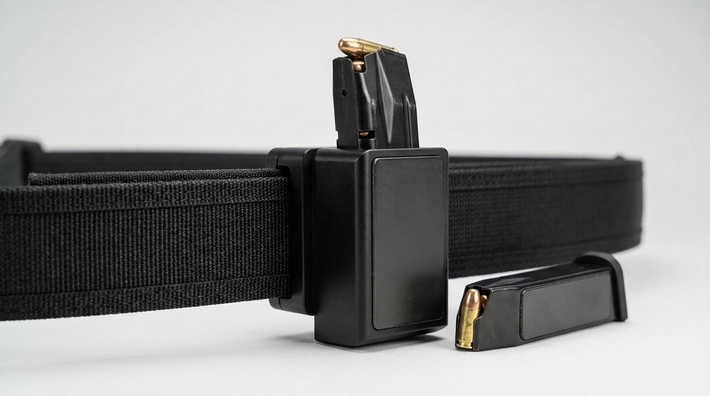 A magnet block mounted on a competition belt holding a single pistol magazine, with a second magazine resting beside it — legal in every USPSA division under the one-magazine-per-magnet wording, and banned outright in IDPA by 8.6.1.3 (AI-generated illustration)