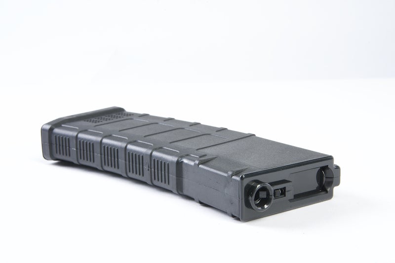 450-round M4 hi-cap airsoft magazine with the winding wheel on the baseplate