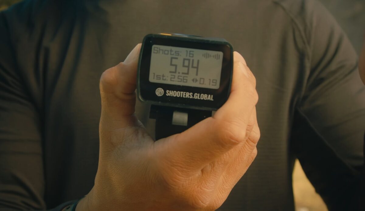 A shot timer displaying split times and shot count