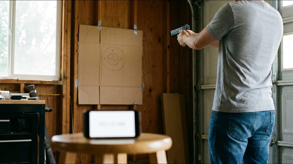 Shooter practicing a dry-fire draw against a par timer