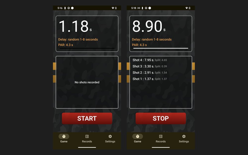 Android 版：設好 PAR 4.3 秒與隨機延遲後，按 START 到跑完四發的畫面對照