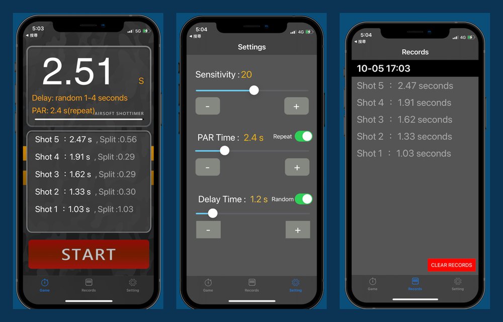 AirsoftShotTimer 三個主畫面：計時（含每發 split）、設定（靈敏度／PAR／延遲）、紀錄